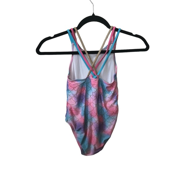 Betsey Johnson Pink, Blue, & Purple Mermaid Sequin Shell Cross Back 7/8 Swimsuit - Picture 4 of 8